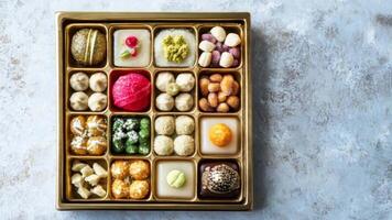 A beautifully arranged box holds a variety of traditional indian sweets, each distinct in color and shape, perfect for sharing during a festive celebration or special occasion. video