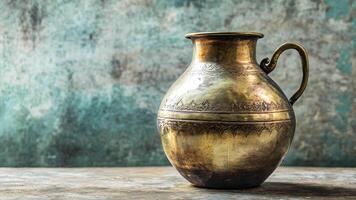 A beautifully crafted bronze water jug featuring detailed engravings stands prominently on a rustic surface with a softly colored background. video