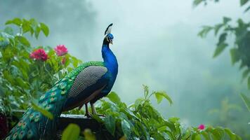 The exquisite peacock displays its colorful feathers while perched gracefully on a stone, surrounded by vibrant flowers and greenery in a serene, misty atmosphere. video
