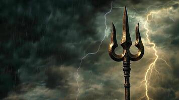 A dark and dramatic scene shows a trident standing strong against a turbulent sky filled with rain and flashes of lightning during twilight, evoking a sense of power and mystique. video