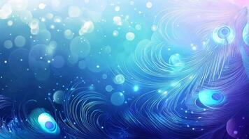 Intricate blue peacock feathers are featured in an abstract digital background with soft glowing lights creating a bokeh effect. video