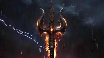 The trident stands tall, engulfed in flames, illuminated by lightning against a dark, stormy backdrop, evoking a sense of power and intensity in the night. video