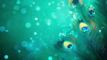 Colorful peacock feathers display their intricate patterns and striking hues on a soft turquoise backdrop, creating a tranquil and enchanting atmosphere filled with gentle shimmering lights. video