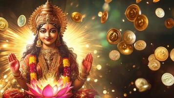 Goddess Lakshmi is depicted with open hands, surrounded by coins and a vibrant lotus, symbolizing prosperity and abundance during the festive Diwali season. video