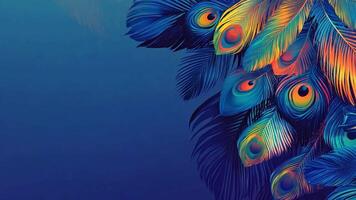 A striking arrangement of peacock feathers showcases intricate patterns and vibrant colors, emphasizing their beauty against a serene deep blue backdrop during twilight. video