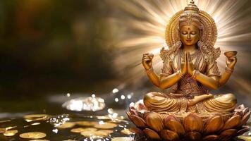 A golden figure of a deity sits in a meditative pose on a lotus flower while coins surround it, illuminated by a soft, sparkling light in a tranquil atmosphere. video