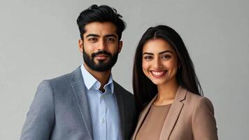 A young indian man and woman are standing side by side, both dressed in formal attire. They are smiling and appear engaged in a friendly interaction, highlighting a professional atmosphere. video