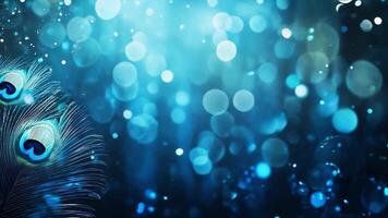 A vibrant peacock feather showcases its intricate details, shimmering against a backdrop filled with softly glowing blue bokeh lights. video
