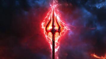 A majestic trident stands tall, radiating vibrant energy as swirling dark clouds and flashes of light surround it, creating an atmosphere of enchantment and power during twilight. video