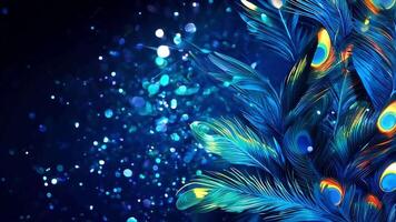 Stunning peacock feathers showcase their colorful and delicate patterns with shimmering sparkles in the background during twilight. video