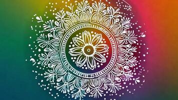 A beautifully detailed floral mandala is elegantly drawn in white on a colorful gradient background. The design features intricate patterns, showcasing artistic creativity and skill. video