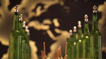 Rows of green glass bottles with metal stoppers stand in front of a blurred world map, suggesting a global perspective on beverage or import export themes video