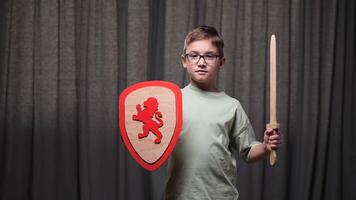 little boy Child playing knight holding a wooden sword and a shield with a red lion on a gray curtain background, playing and having fun at home video
