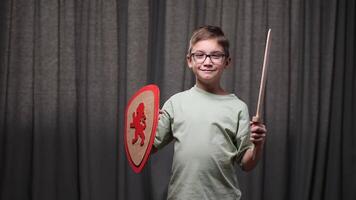 2764Portrait of a boy knight with a wooden sword and shield. A boy with glasses dressed as a knight stands in his room at home and smiles looking at the camera. Children's game of knight video