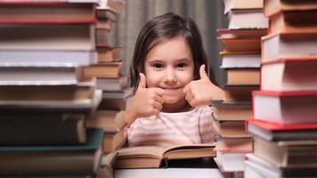 Little girl is smiling and showing thumbs up while sitting at a table and reading a book, surrounded by stacks of books. She is happy and loves to read. Love of reading since childhood concept video