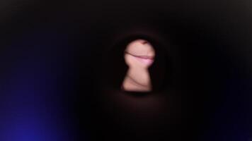 Person slowly opens their eye, peering through a keyhole against a dark blue background. The scene evokes feelings of curiosity and mystery, inviting intrigue and suspense video