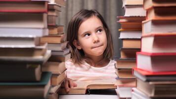 little girl engrossed in her studies, surrounded by a towering stack of books, reading intently and showing curiosity and concentration in a cozy home setting video