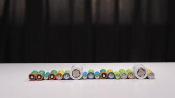 Colorful cylindrical batteries rotate in sequence against a black background, showcasing various sizes and colors on a white surface video