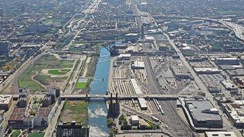 Aerial View from a skyscraper of Chicago industrial zone, railroads and waterways connecting the city, logistics hub and infrastructure video