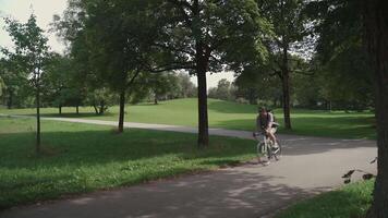 Handsome hipster with backpack and shirt enjoys a bicycle ride through a city park in summer sunny weather. A man riding a city cycle in Germany on a bicycle road. A guy on gravel bicycle in Munich. video