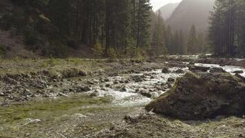 Clear mountain stony river flows in valley top of mountain overlooking snow-capped mountains in Alps between Germany and Austria in sunny spring weather with haze. Conservation area. Natural reserve. video