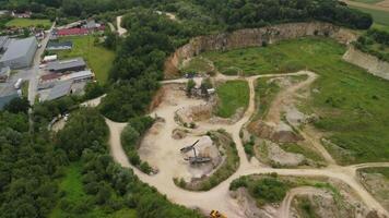Aerial view of an abandoned mining quarry in Germany im Landkreis Dillingen. Open pit mines drone view. Steinbruch Luftaufnahme in Deutschland, Bayern in der Stadt Haunsheim. Mining equipment. video