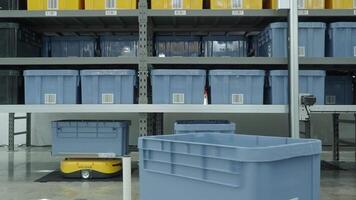 Demonstration of Automated Retail Warehouse AGV Robots Delivering distribution product stock on shelf in modern factory. Smart warehouse Logistics management system with warehouse robot. AI Technology video