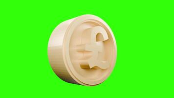 3d rotating golden pound coin animation on green background video