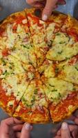Freshly prepared pizza on a stainless steel table in a cafe kitchen. Appetizing hot pizza with cheese, bacon and greens on the top. Vertical video