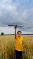 Little boy on yellow field. Happy child playing outdoors in summer. Kid holds a toy plane and imitate flight over the meadow. Front view. Vertical video