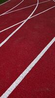 Following dark red running track crossed by the white lines. Green grass field and paved path on both sides of the track. Close up. Vertical video