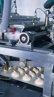 Automatic machine with complicated mechanism working and producing marshmallows. Equipment at modern food factory. Vertical video