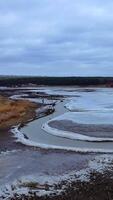 Environmental problems. Frozen river on a dirty background of nature. Gloomy atmosphere of spring landscape. Vertical video
