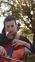 Dark-haired female musician focused on playing cello. Middle-aged woman in black dress plays instrument in the nature backdrop. Vertical video