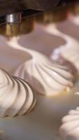 White creamy marshmallows are squeezed on the moving conveyor belt. Close up. Automated line for sweet products manufacturing. Confectionery concept. Vertical video