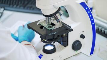 Female doctor with microscope. Lab technician with microscope in hospital laboratory video