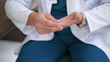 Doctor using hand sign while talking. Cropped view of doctor gesturing while talking in office video