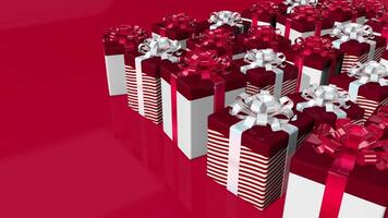Red and white gift boxes appear on a red surface. 3D animation video