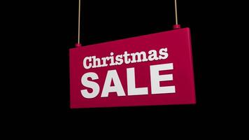 Red sign with white Christmas Sale letters hanging on yellow strings against transparent background. 3D animation video