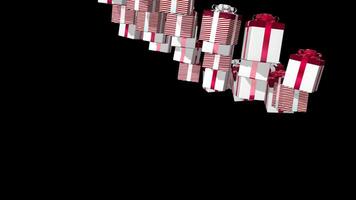 Red and white gift boxes falling to the floor against transparent background. 3D animation video
