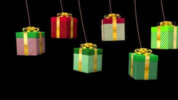 Red and green gift boxes hanging on red strings against transparent background. 3D animation video