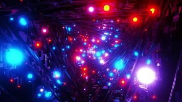 Glitter triangular tunnel with glass walls with colored glow balls. Vj loop action background. Visual effect motion background for DJ video
