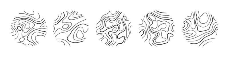 Circular wood rings or topographic map lines texture set. Wood tree topographic abstract lines collection vector