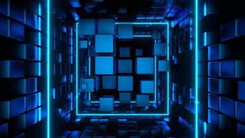 blå kubisk entitet flytta genom tunnel bakgrund vj slinga i 4k video