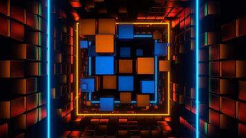 Orange and Blue Cubic Entity Move Through Tunnel Background VJ Loop in 4K video