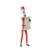Santa Claus 3D Christmas Illustration. A tall Santa Claus stands with both hands holding a long paper containing a list. Festive Cartoon Model png