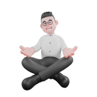 3D Filmmaker Producer. A male producer sits with his legs crossed while both hands are open, a soft smile on his face. Animation png
