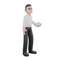 Creative 3D Model. A male producer stands while holding a cellphone in his hand with his eyes looking up. Producer Character png