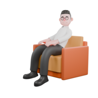 Creative 3D Model. A male producer sits on a sofa with both hands on his thighs with his eyes closed, smiling expression. Film Style png