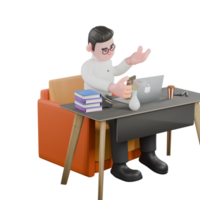 3D Producer Design. A male producer sits with a laptop on a table while holding a cellphone in his right hand. Animation png